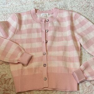 For Love And Lemons Pink & Cream Striped Crystal-Button Cardigan